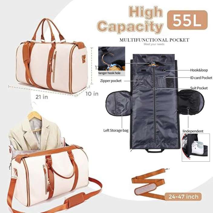 45 L Hand Duffel Bag - Airline Foldable

Convertible luggage Garment 2 in 1 Hanging

Duffle bag - Large Capacity